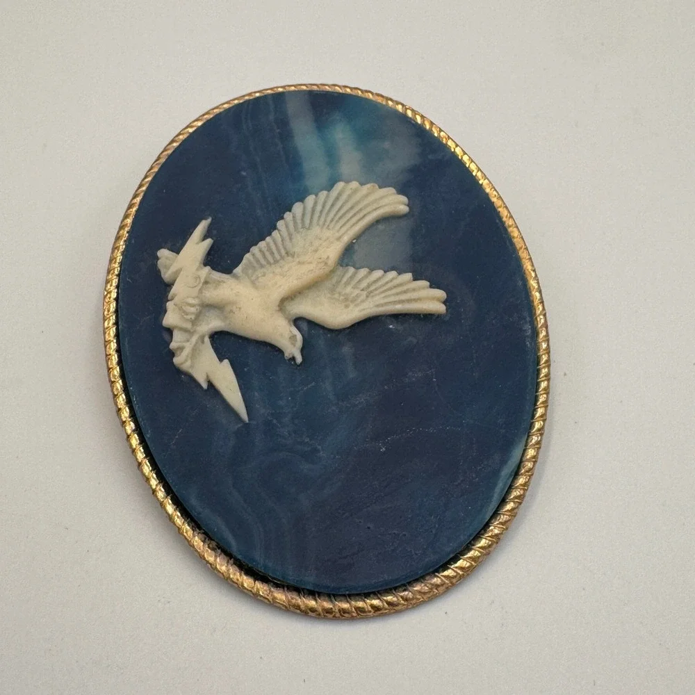 Incolay‎ Stone Eagle Belt Buckle Blue White Marbled Handcrafted USA Vintage Oval
